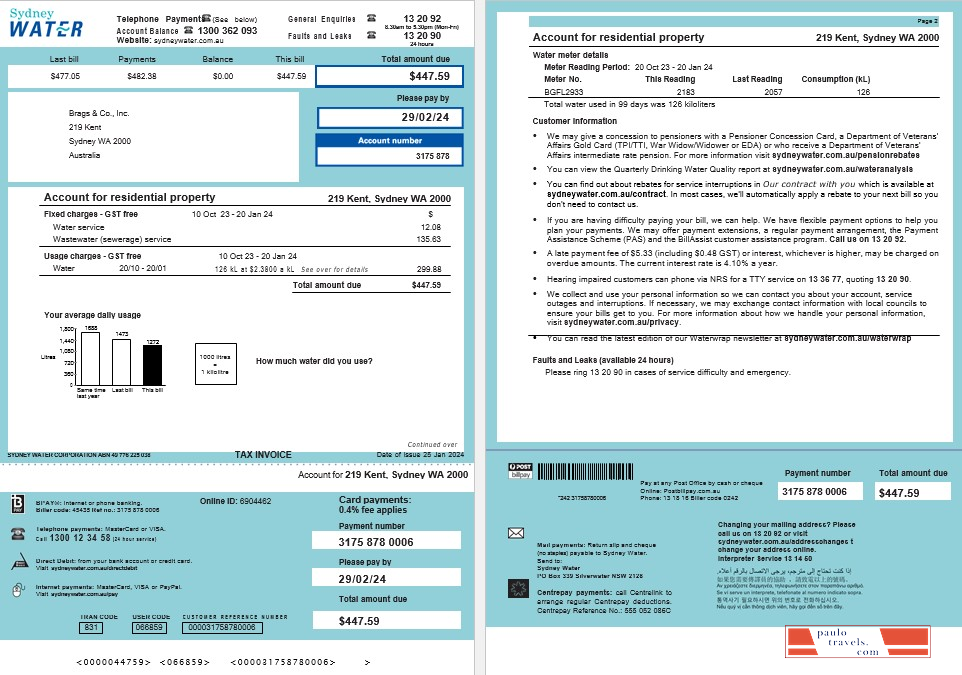 Australia Sydney Water business utility bill, Word and PDF template, 2 pages PSD template